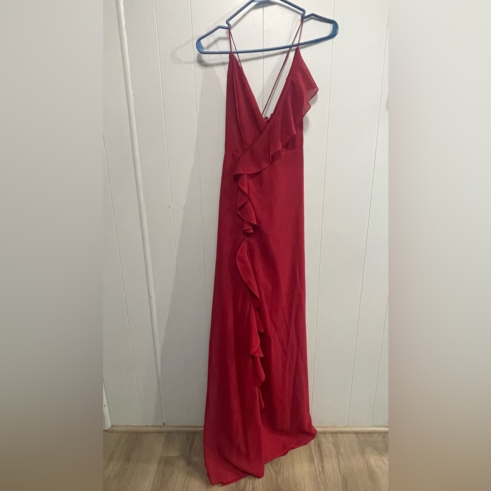 Hot Miami Styles Red Dress with Leg Slit & Ruffles